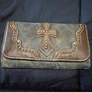 Brown Leather Cross Embellished Women's Clutch